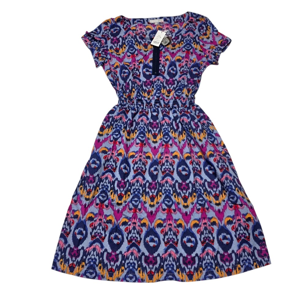 NEW Tin Haul Dress Women M Blue Pink Ikat Print Fit & Flare Short Sleeve Cotton